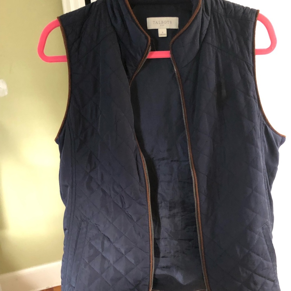 Talbots small blue vest with a brown leather trim